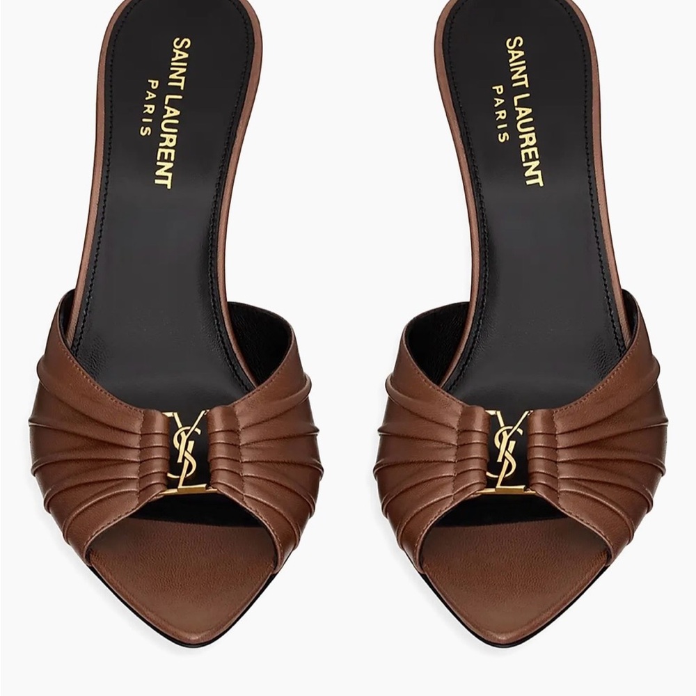 Saint Laurent Brown Leather Mules with Gold Logo